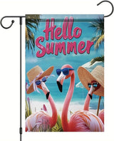 Summer Garden Flag 12x18 Inch Flamingo Hello Summer Tropical Beach Ocean Palm Tree Design Outdoor Yard Porch Lawn Patio Poolside for Seasonal Coastal Farmhouse Home Decor
