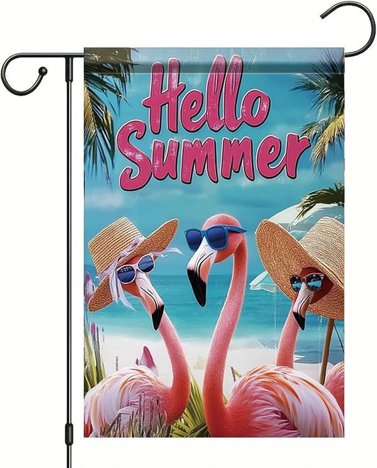 Summer Garden Flag 12x18 Inch Flamingo Hello Summer Tropical Beach Ocean Palm Tree Design Outdoor Yard Porch Lawn Patio Poolside for Seasonal Coastal Farmhouse Home Decor