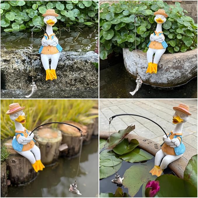 Garden Duck Outdoor Fishing Koi Statue, Goose Statues Decorations for Yard 9.7'' Fishing Duck Sculpture Garden Decor, Fishing Guy for Waterfalls or Koi Pond Decor, Gifts for Women, Mom or Birthdays
