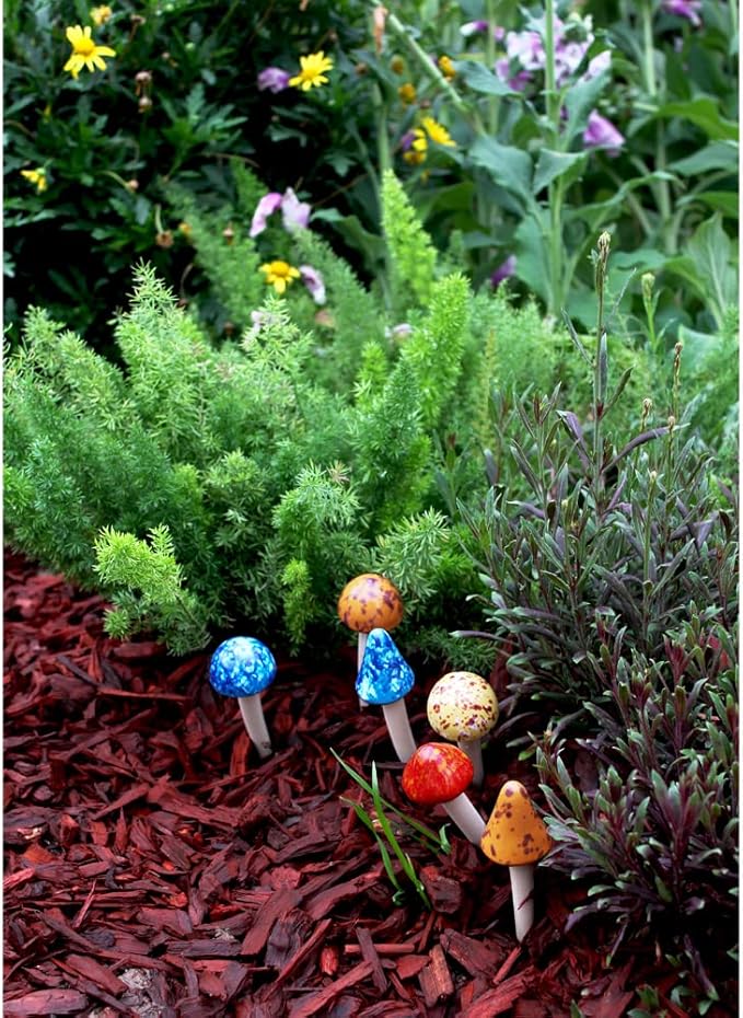Mushroom Outdoor Decor 6pcs Colorful Ceramic Mushroom Home, Garden, Planters, Yard, Lawn Ornaments Stakes (5.12inch)