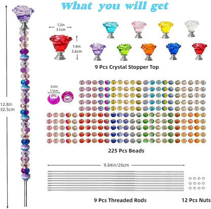 255Pcs Fairy Garden Accessories Outdoor Kit for Different Holidays, 12IN Fairy Wand Garden Stake Beads Kits with 225 Large Hole Beads, Beaded Garden Stake Kit (Crystal Flower)
