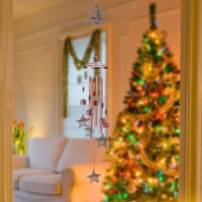 Yoption Christmas Wind Chime for Outside with Christmas Tree and Star, Handmade Metal Memorial Windchimes with S Hook for Garden Decor