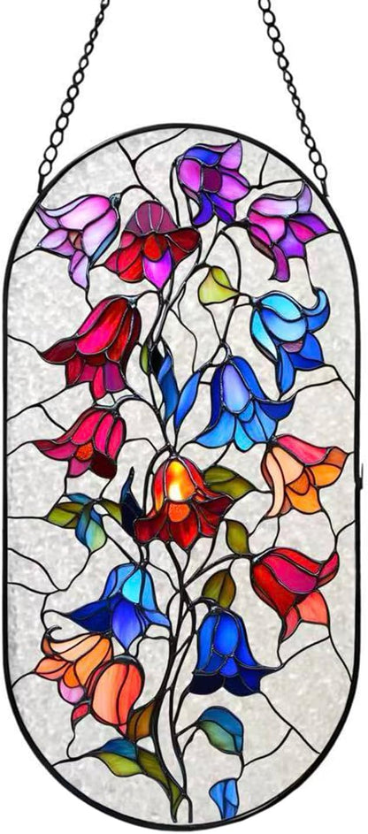 Stained Glass Window Hanging, Colorful Morning Glories Long Sun Catcher for Wall Door Vertical Decor, Garden Yard Linear Hanging Gifts for Women, Men, Mom, Day Birthday, Party Holiday