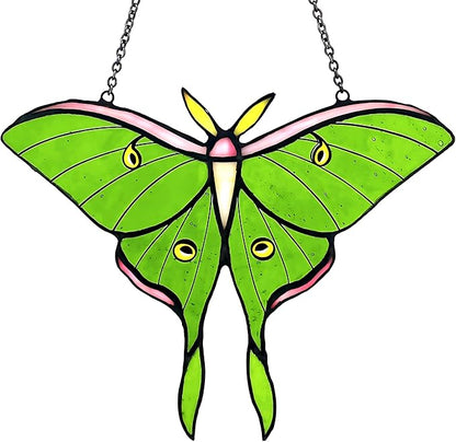 Luna Moth Stained Glass Window Hanging - Handmade Real Glass Suncatcher - Elegant Green Moon Moth Butterfly Light Catcher Gifts for Mother, Women, Grandma (Gifts-Box provided)