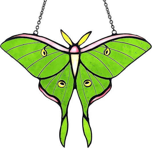 Luna Moth Stained Glass Window Hanging - Handmade Real Glass Suncatcher - Elegant Green Moon Moth Butterfly Light Catcher Gifts for Mother, Women, Grandma (Gifts-Box provided)