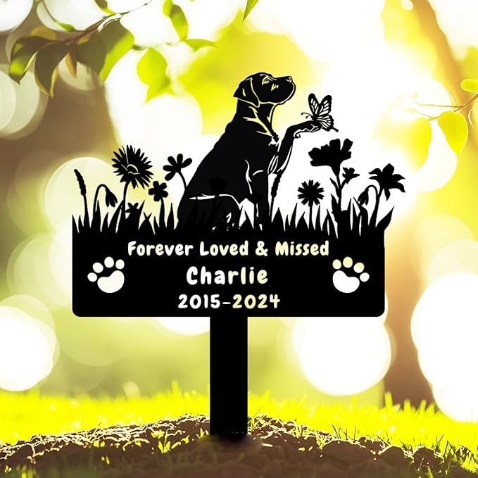 Custom Labrador Dog Memorial Grave Marker,Personalized Metal Flora Dog Memorial Stake,Dog Memorial Plaque Burial Stake Engraved Sign,Sympathy Grave Stake for Lost Dog,Dog Statue Headstone