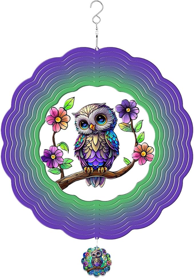 GENANY Owl Hanging Wind Spinners for Women Men, 12 Inch Metal 3D, Stainless Steel Hanging Wind Catchers Sculpture for Outside, Outdoor Spring Decoration, Unique Gift