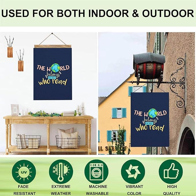 Mugod The World Belongs Who Read House Flag Double Sided 28 x 40, Knowledge Motivational Quote Word Navy Blue Burlap Large Flag House Seasonal Farmhouse Outside Outdoor Decoration