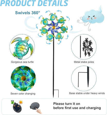 Solar Wind Spinners Outdoor - 51" Sea Turtle Metal Wind Sculptures Garden Stake with Waterproof Color Changing LED Lights 360° Windmill Kinetic Spinner for Yard Lawn Patio Decor