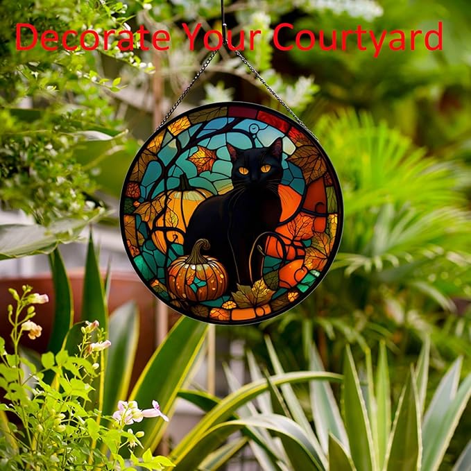 Black Cat Pattern Suncatcher Stained Glass,Hanging Stained Glass for Windows for Cat Lovers,20cm/7.87inch Hand-Painted Sun Catcher Garden Hangings Halloween Fall Christmas Decor for Home