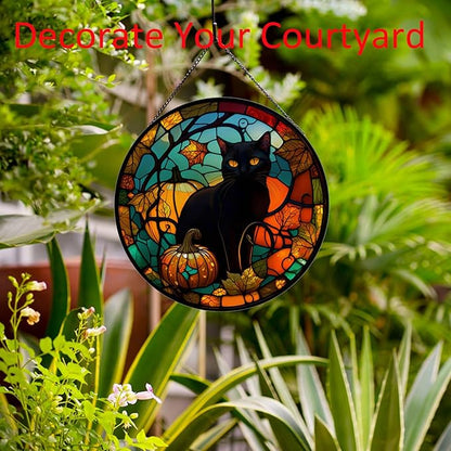 Black Cat Pattern Suncatcher Stained Glass,Hanging Stained Glass for Windows for Cat Lovers,20cm/7.87inch Hand-Painted Sun Catcher Garden Hangings Halloween Fall Christmas Decor for Home