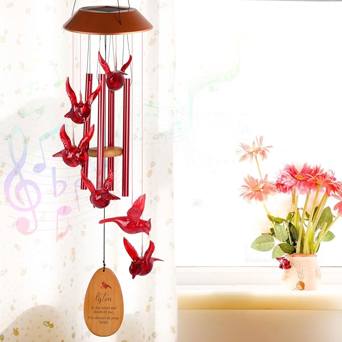 Cardinal Wind Chimes for Outside Solar Cardinal Gifts for Women Mom Grandma Father Memorial Red Bird WindChimes for Loss of Loved One Sympathy Windchime Garden Outdoor Decor