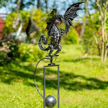 Zaer Ltd. Metal Dragon Rocking Garden Stake, Kinetic Wind Decor, Metallic Black Finish, Moving Wings (Tail Up Sunfyre)