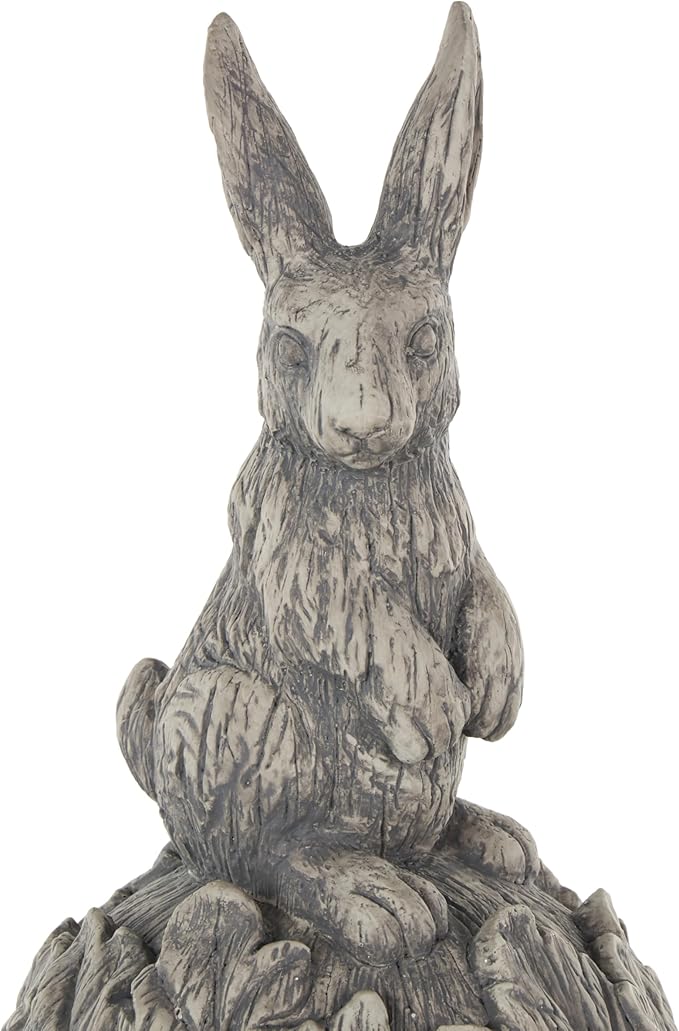 Deco 79 Polystone Rabbit Textured Sculpture with Leaf Covered Round Base, 8" x 8" x 20", Gray