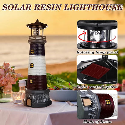 Solar Lighthouse Outdoor Statues, 360° Rotating Beacon Garden Lighthouse, 15" Light House for Outside Garden Yard Decor, Waterproof Resin Nautical Figurines for Patio Lawn Landscape Lighting (Black)