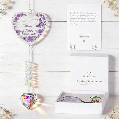 Crystal Suncatcher Retirement Gift for Women, Happy Retirement Gifts for Teacher Nurse Coworker Boss, Purple Glass Keepsake for Retired Friend