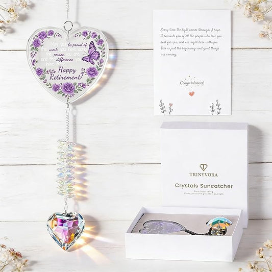 Crystal Suncatcher Retirement Gift for Women, Happy Retirement Gifts for Teacher Nurse Coworker Boss, Purple Glass Keepsake for Retired Friend