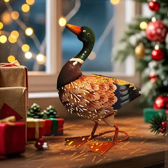 HONGLAND Solar Mallard Duck Outdoor Sculpture, 16" Metal Duck Garden Animal Statue with Lights for Outdoor Patio, Backyard, Lawn, Home Kitchen Decoration