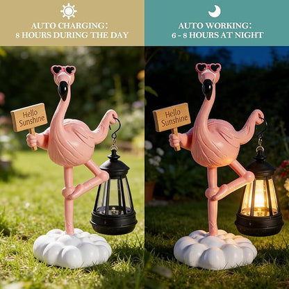 WDS WONDROUS Solar Flamingo Garden Statue Decor with LED Lights Pink Flamingo for Yard Porch Outdoor Statue Patio Lawn Balcony Decor Flamingo Lamp Birthday Gift for Woman Grandma Outside Sulptures