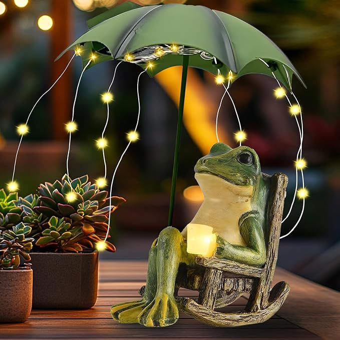 Solar Frog Garden Decor, Waterproof Resin Sitting Frog Statue with Umbrella & LED String Lights, Outdoor Fairy Garden Figurine for Patio Yard Lawn Ornament, Housewarming Gift for Women Mom