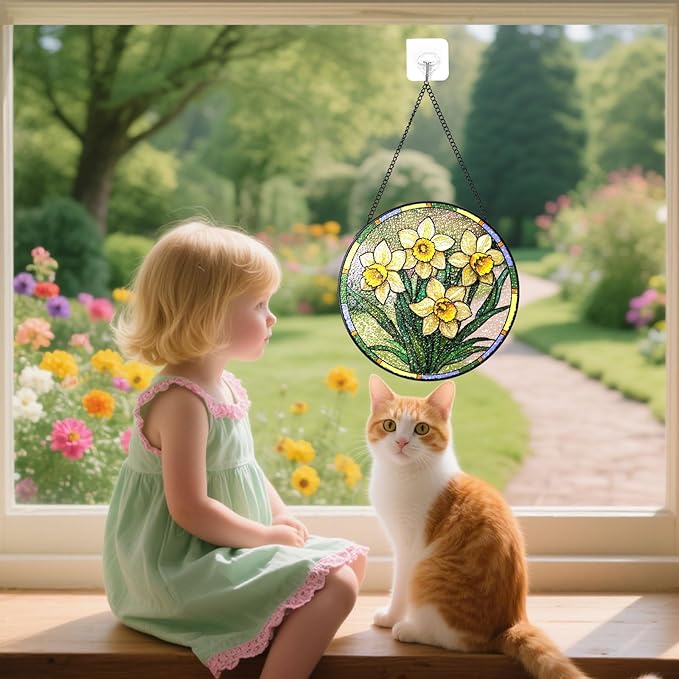 Stained Glass Suncatchers Window Hanging, Narcissus Flower Sun Catchers Indoor Window Stained Glass Hanging Garden Decor, Birthday Gifts for Mom Grandma Aunt Sister Bestie 7.8 in