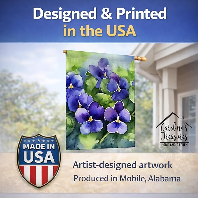 Caroline's Treasures Rhode Island Violets in Watercolor House Flag Large Porch Sleeve Pole Decorative Outside Yard Banner Artwork Wall Hanging, Polyester, House Size, Multicolor