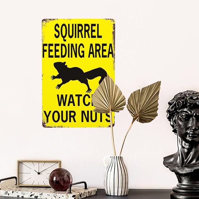 Retro Funny Metal Sign Sheet Signs Tin Sign,Squirrel Feeding Area Watch Your Nuts,Outdoor Home Wall Decoration,Size：8x12inch