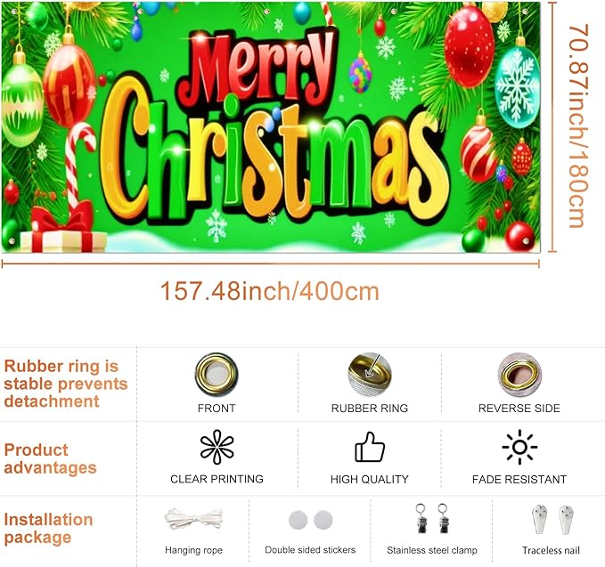 IVN Christmas Garage Door Cover Decoration 13x6ft Bright Green Background Candy Canes Colorful Letters Merry Christmas Winter Garage Door Banner Home Door Front Yard Decor for Xmas Eve Holiday Outdoor