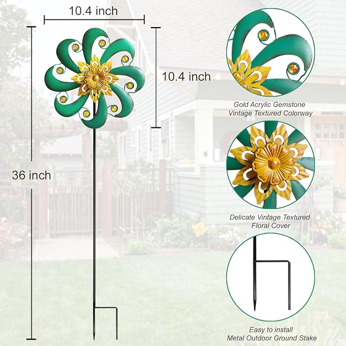 Flower Outdoor Metal Wind Spinner, Single-Layer Kinetic Garden Art with Vibrant Green Finish - Weatherproof Wind Sculpture for Lawn, Patio, Yard Decor - 10''W x 36''H