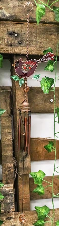 Ebros Gift Artistic Stained Glass Red Cardinal Bird Perching On Twig Branch Copper Metal Wind Chime 24.25" Long Hanging Mobile Outdoor Patio Garden Decor Accessory