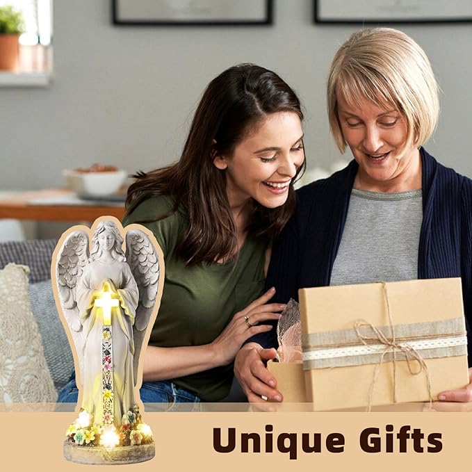 Angel Garden Statues Outdoor Cemetery Decorations for Grave 8.2" Resin Praying Angel Figurines Featuring Cross Solar Light Waterproof Angel Decor for Grave-Sympathy Gifts for Loss of Loved One