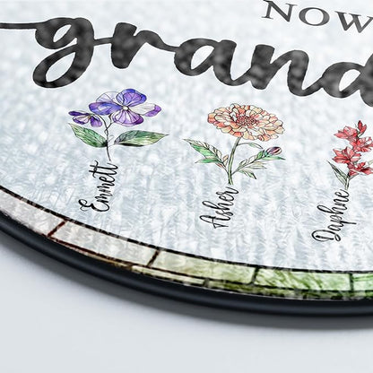 Personalized First Mom Now Grandma Birth Flower Stained Glass Window Hanging Ornament, Custom Birth Month Flowers with Kids’ Names, Floral Art Decoration, for Mom Grandma