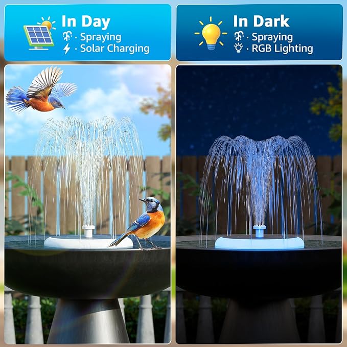 2 Pack Solar Fountain for Bird Bath with RGB LED Lights and 6 Nozzle, 3W Solar Powered Water Pump for Pond Pool Patio and Garden Aquarium Outdoor