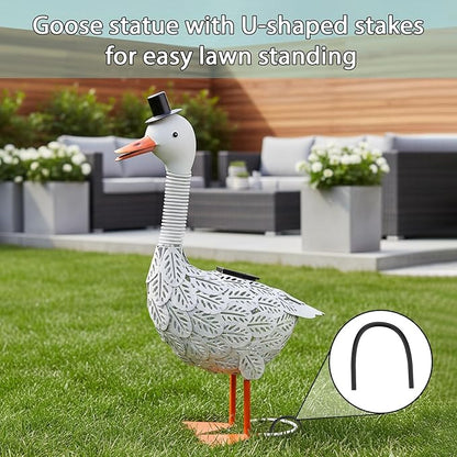 Porch Goose Garden Statue, Solar Metal Goose Yard Statue, 20 Inches High Geese Decoration, Garden Decor for Outside, Outdoor Goose Figurine for Patio, Porch, Yard, Lawn Ornament, Garden goose Gift