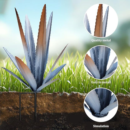 2PCS Large Tequila Rustic Sculpture, Wind Resistant Metal Agave Plants Garden Art for Outdoor Home Decor, DIY Hand Painted Metal Agave Yard Sculpture Statue Garden Lawn Ornament Gift (2, Silver)