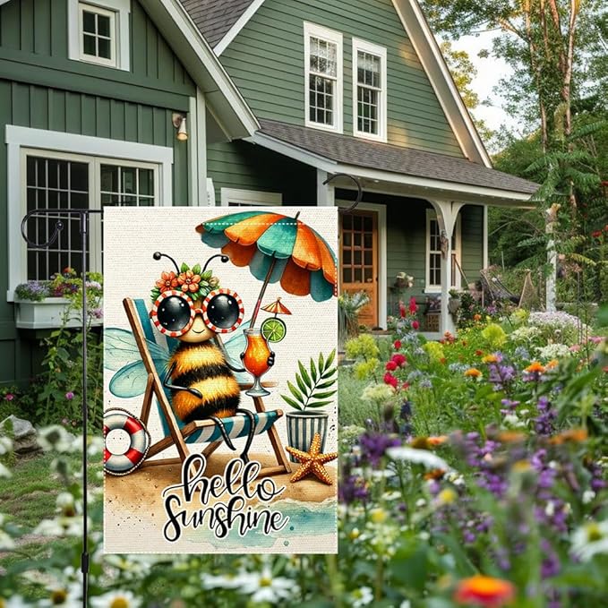 Welcome Summer Tropical Garden Flag Bee Swim Rings Beach Wooden Chair Sun Umbrella Garden Flags 12x18 Inch Double Sided Small Burlap Outside Decorations