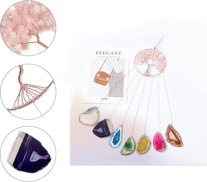 Yoption Rose Quartz Tree of Life Memorial Wind Chime, Natural Crystal Agate Slices Windchimes for Indoor Outdoor Decoration Ornament, 15.7-17.7 inch