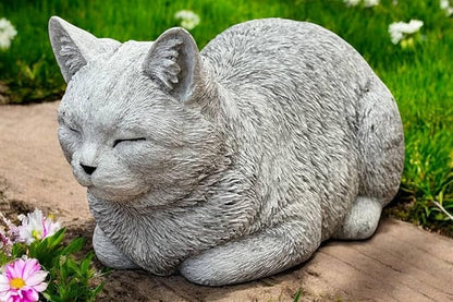 Garden Cat Statue Concrete Pet Memorial Gift Outdoor Sculpture Crouching Kitty Yard Figure Sympathy Gift for Pet Lovers Patio Ornament Cement Kitten Statuary