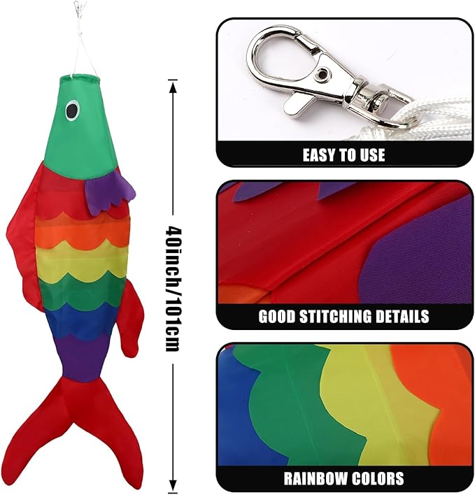 NOVWANG Rainbow Fish Windsock, 40Inch Rainbow Carp Windsock Wind Streamer Wind Sock Outdoor Hanging Decoration for Yard Garden Patio Boat Home Decoration
