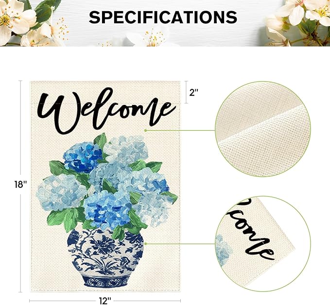 AVOIN colorlife Spring Hydrangea Floral Welcome Garden Flag 12x18 Inch Double Sided Outside, Blue and White Chinoiserie Seasonal Yard Outdoor Flag