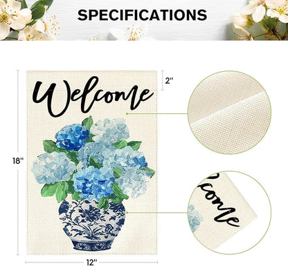AVOIN colorlife Spring Hydrangea Floral Welcome Garden Flag 12x18 Inch Double Sided Outside, Blue and White Chinoiserie Seasonal Yard Outdoor Flag