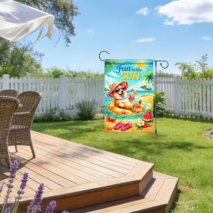 Nuxovilar Summer Garden Flag Fun In The Sun Beach Dog Float Pattern Polyester 12x18 Inches Garden Flags for Outside Playful Decor Yard Porch Pool