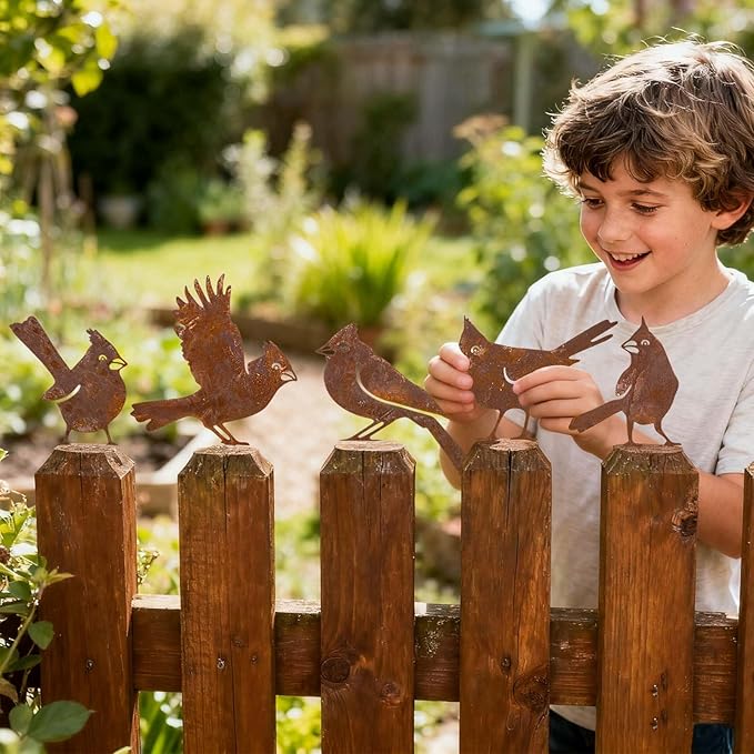 5 Pack Rusty Cardinal Birds Decoration - Outdoor Double-Side Metal Birds Decor for Fence, Yard, Farmhouse, Garden Sculptures Hummingbirds Craft Statue Ornaments Gifts for Bird Lovers (A)