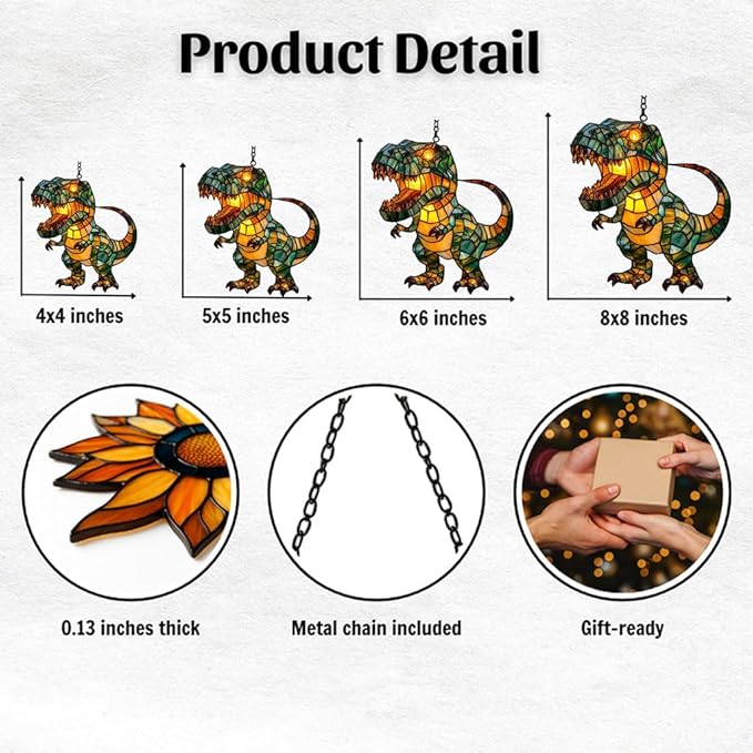 Cute Chibi T-rex Acrylic Suncatcher Stained Glass Effect Window Car Hanging Christmas Ornament Indoor Outdoor Decor Garden Sun Catcher Panel for Dinosaur Lover for Women Mom Grandma