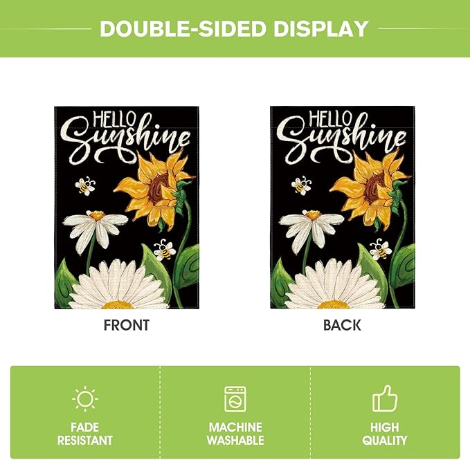AVOIN colorlife Daisy Sunflower Hello Sunshine Garden Flag 12x18 Inch Double Sided, Summer Seasonal Holiday Burlap Yard Outdoor Decoration Black