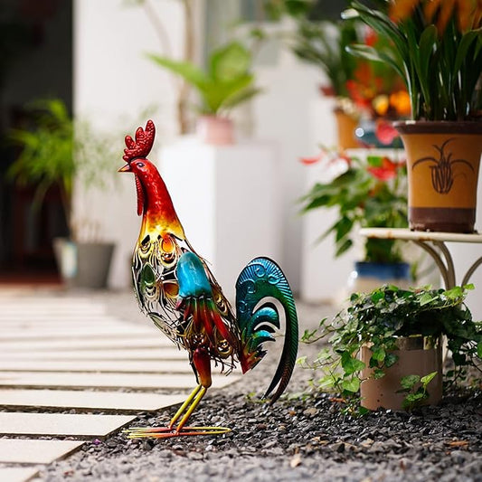 19 Inch Solar Rooster Statue, Metal Yard Art with Colorful Lights for Garden Lawn Outdoor Decoration Gifts