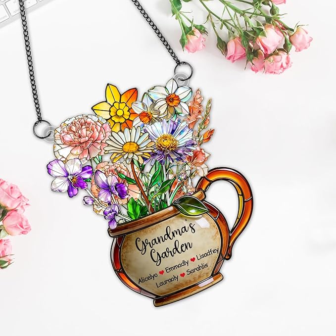 Personalized Grandmas Garden Stained Glass Acrylic Suncatchers, Custom Name Birth Month Flowers Window Hanging Ornament, Mothers Day Christmas Birthday Gifts for Grandma Mom Nana Mimi (Style 05)