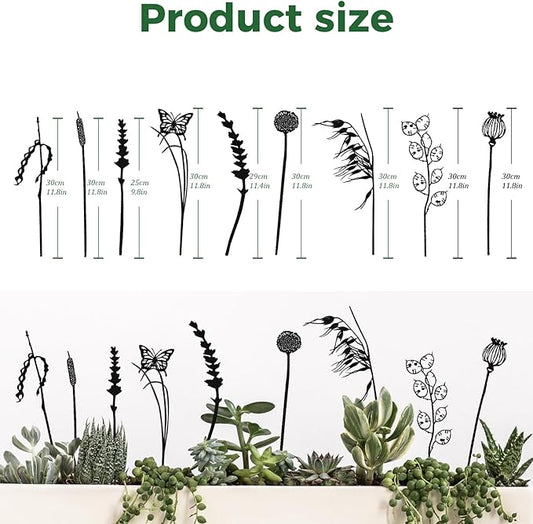 Decorative Metal Flowers for Outside, Rustic Metal Garden Stakes for Potted Plants, Metal Plants Outdoor Decor Vintage Rust Finish, Gift-Boxed Nature Meadow Garden Decor (Black_Butterfly Meadow Set)