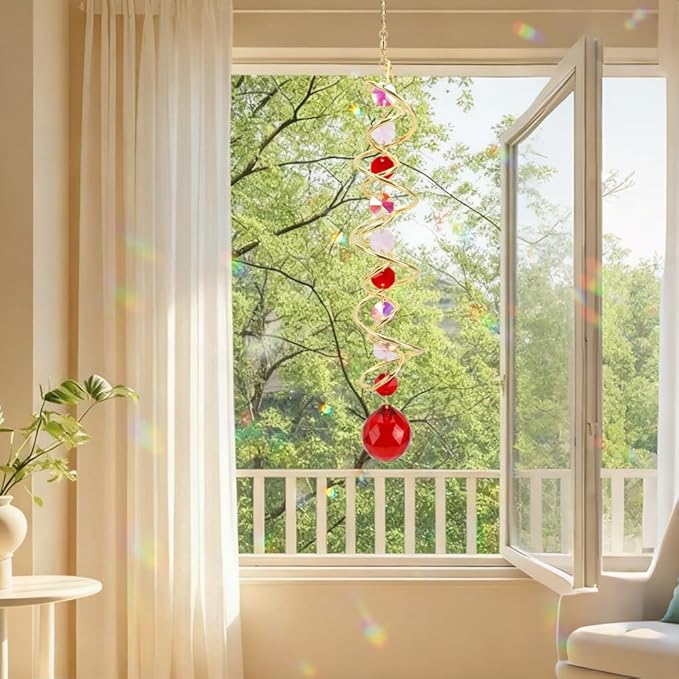 Crystal Suncatchers Decorative Sun Catchers Crystal Hanging Wind Spinners with Red Prism Ball Rainbow Maker Suncatchers for Windows Hanging Outdoor Indoor Home Garden Decoration Gifts for Girl