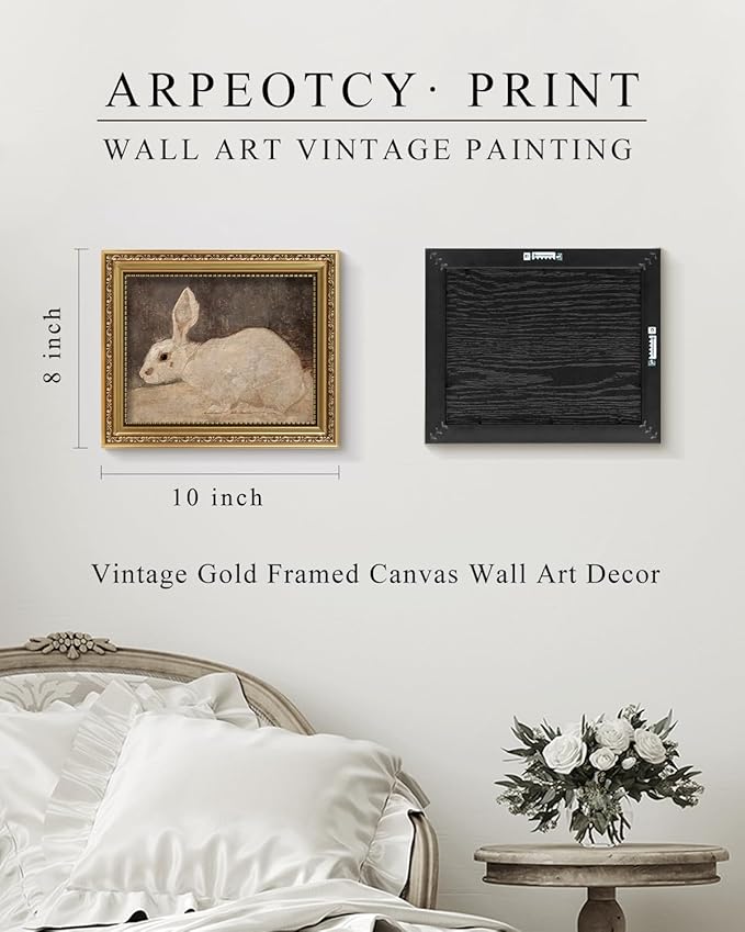 ARPEOTCY Vintage Gold Framed Wall Art, Easter White Rabbit Painting, 8x10 inch Small Canvas Picture Prints Artwork with Frame Aesthetic, Victorian Wall Decor for Living Room Bathroom Bedroom Shelf
